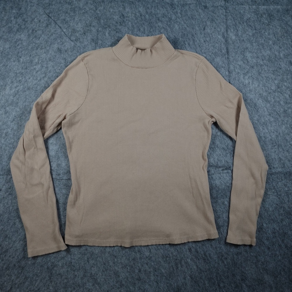 Maeve Top Women Large Tan Ribbed Mock Neck Long Sleeve Cotton Blend Stretch